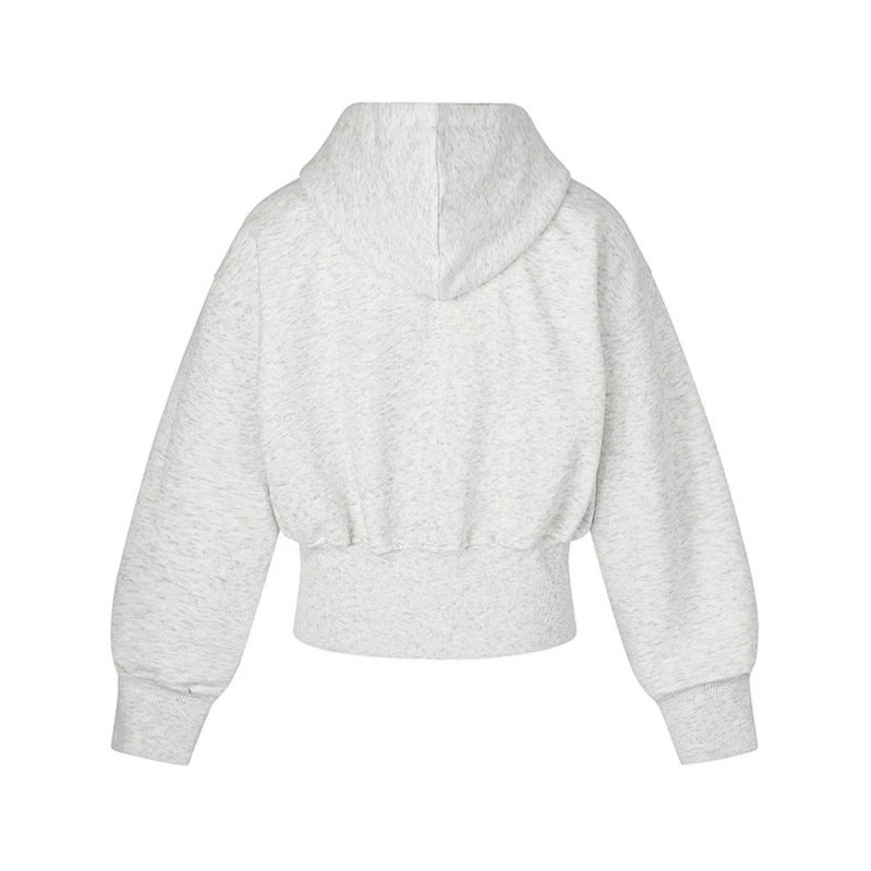 Ladies Short Hooded Sweat Jacket with Full Zip, Wide Ribbed Hem and Rhinestone Logo EVA-US