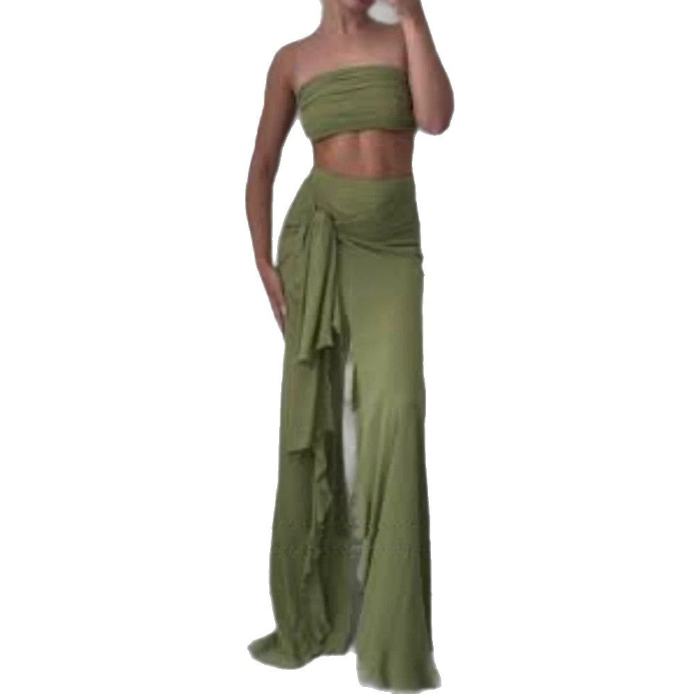 Women High-Waisted Maxi Skirt with Asymmetrical Gather, Knot Detail and Ruffle Split EVA-US