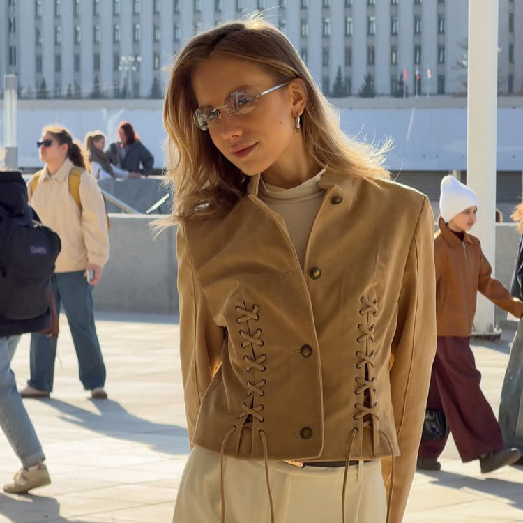 Women's short jacket made of suede-look with side lacing & stand-up collar EVA-US