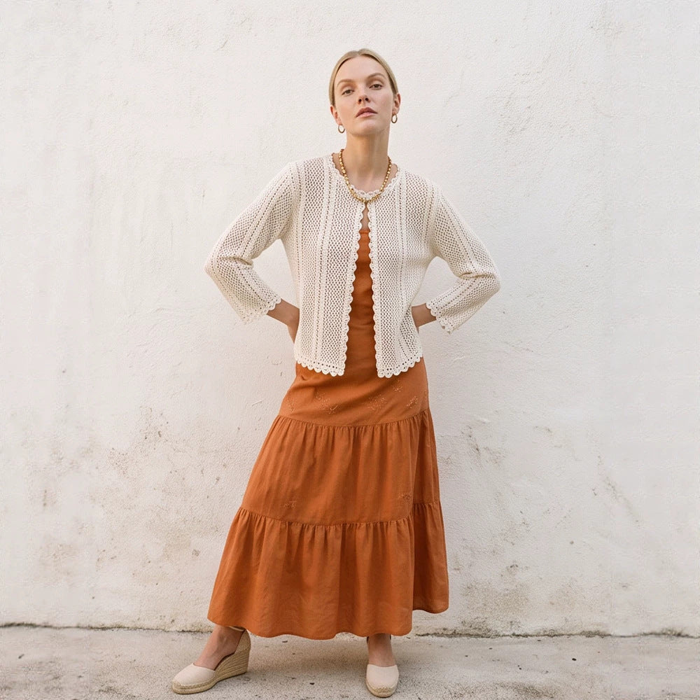 Women's crocheted short jacket with wavy hem, open front & 3/4 sleeves EVA-US