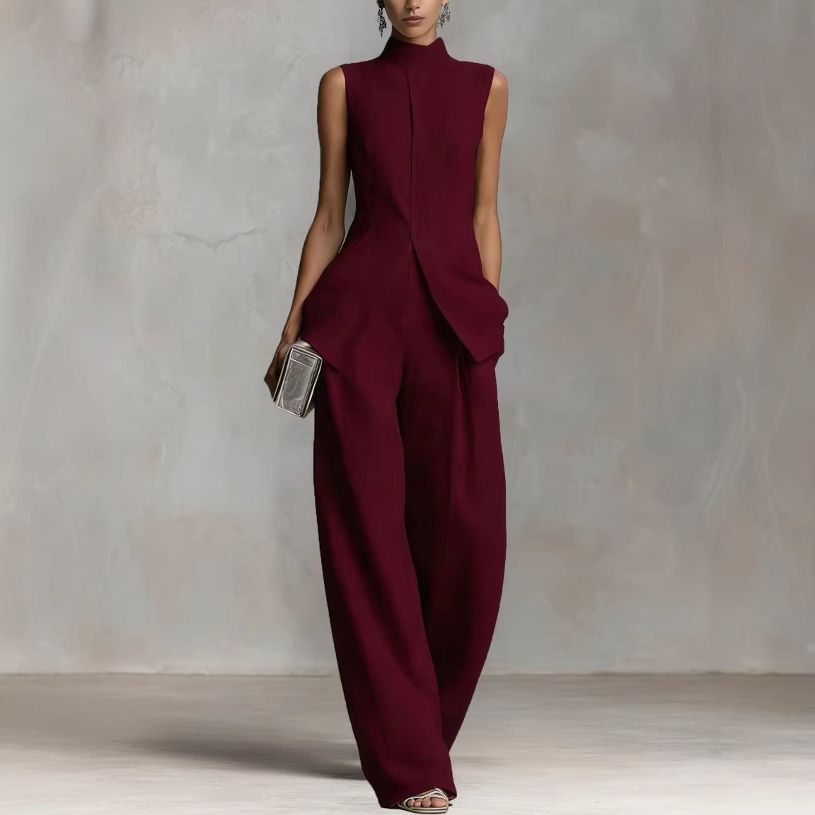 Women's Suit with Stand Collar and Wide Legs – Sleeveless Top & Marlene Pants