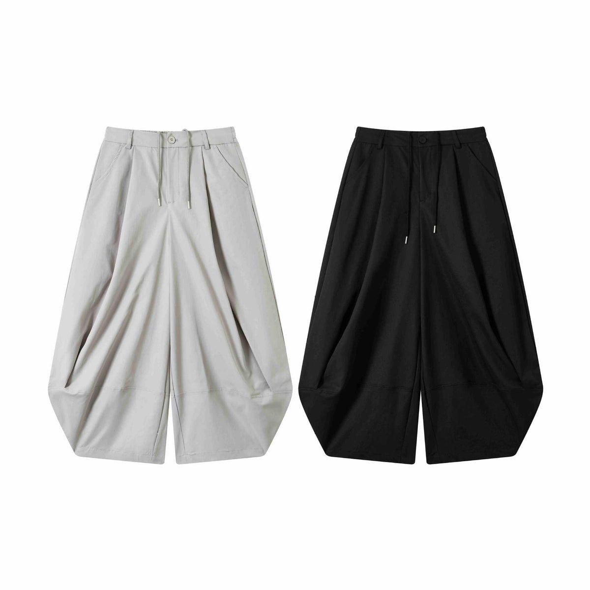 Women's Wide High-Waist Bermuda Pants with Pleats and Drawstring