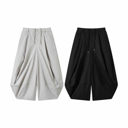 Women's Wide High-Waist Bermuda Pants with Pleats and Drawstring