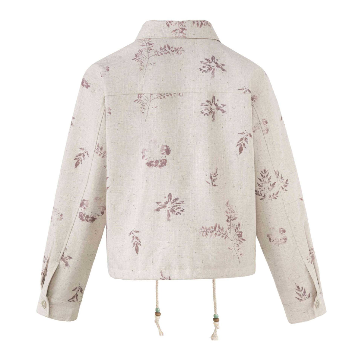 Women's Short Floral Linen Blouson with Drawstring, Concealed Button Placket and Shirt Collar EVA-US