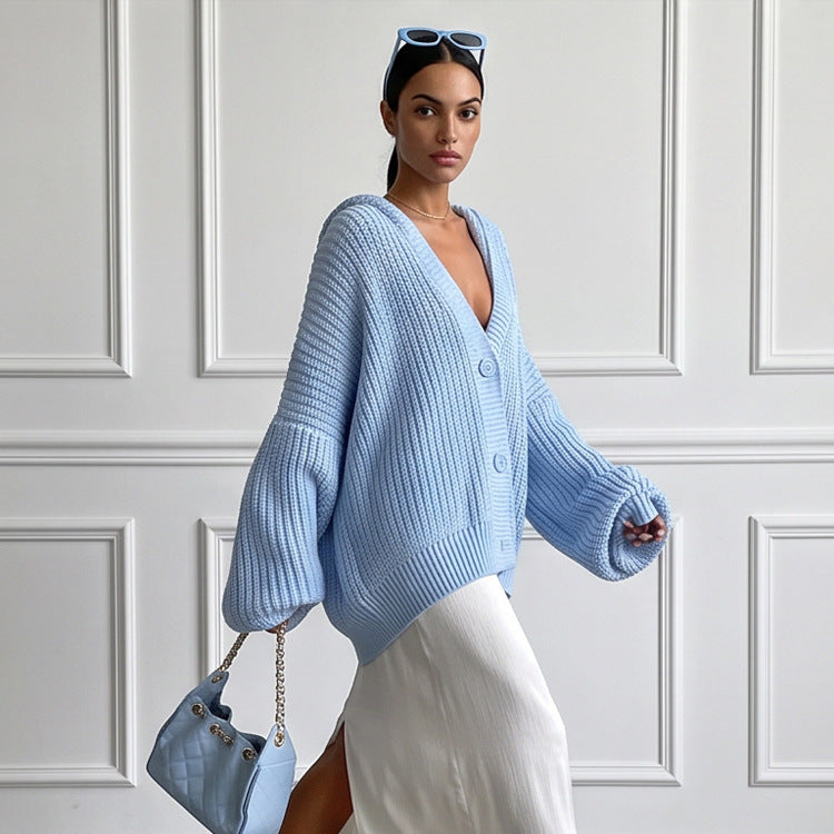 Women's oversized hooded knit cardigan with balloon sleeves and button placket EVA-US