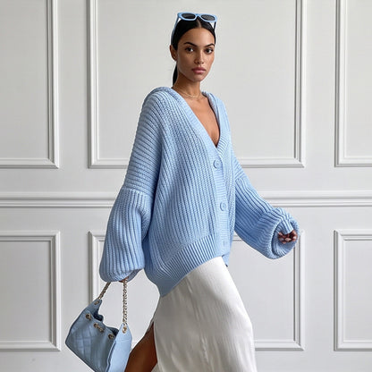 Women's oversized hooded knit cardigan with balloon sleeves and button placket EVA-US