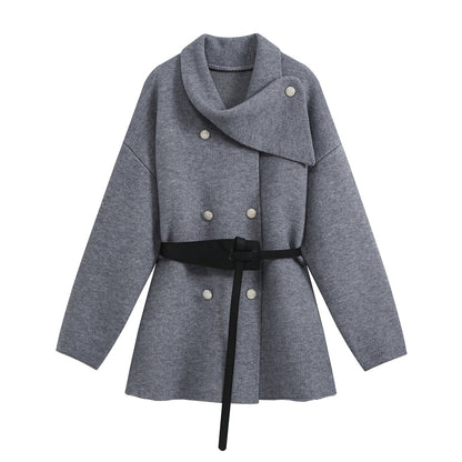 Women's Short Blouson Coat in Cocoon Cut with Asymmetrical Shawl Collar and Waist Belt EVA-US