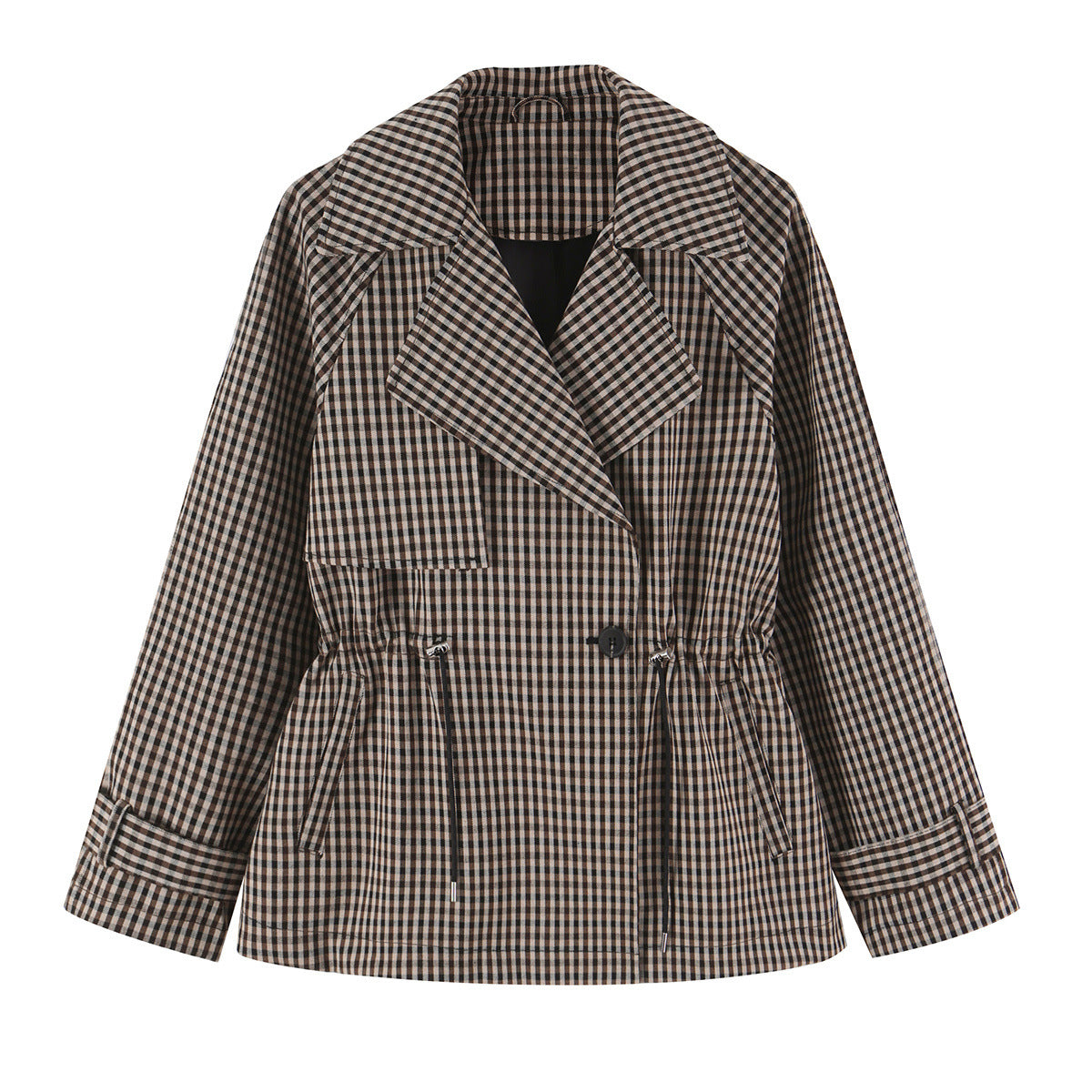 Women's Short Checked Trench Coat with Drawstring Waist and Wide Lapels EVA-US