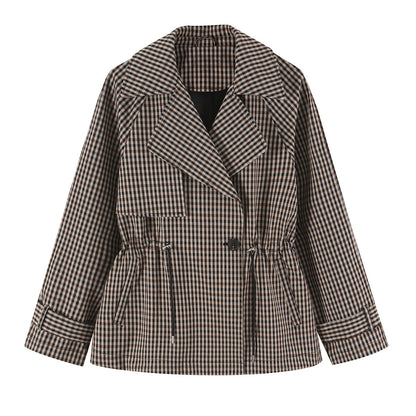 Women's Short Checked Trench Coat with Drawstring Waist and Wide Lapels EVA-US