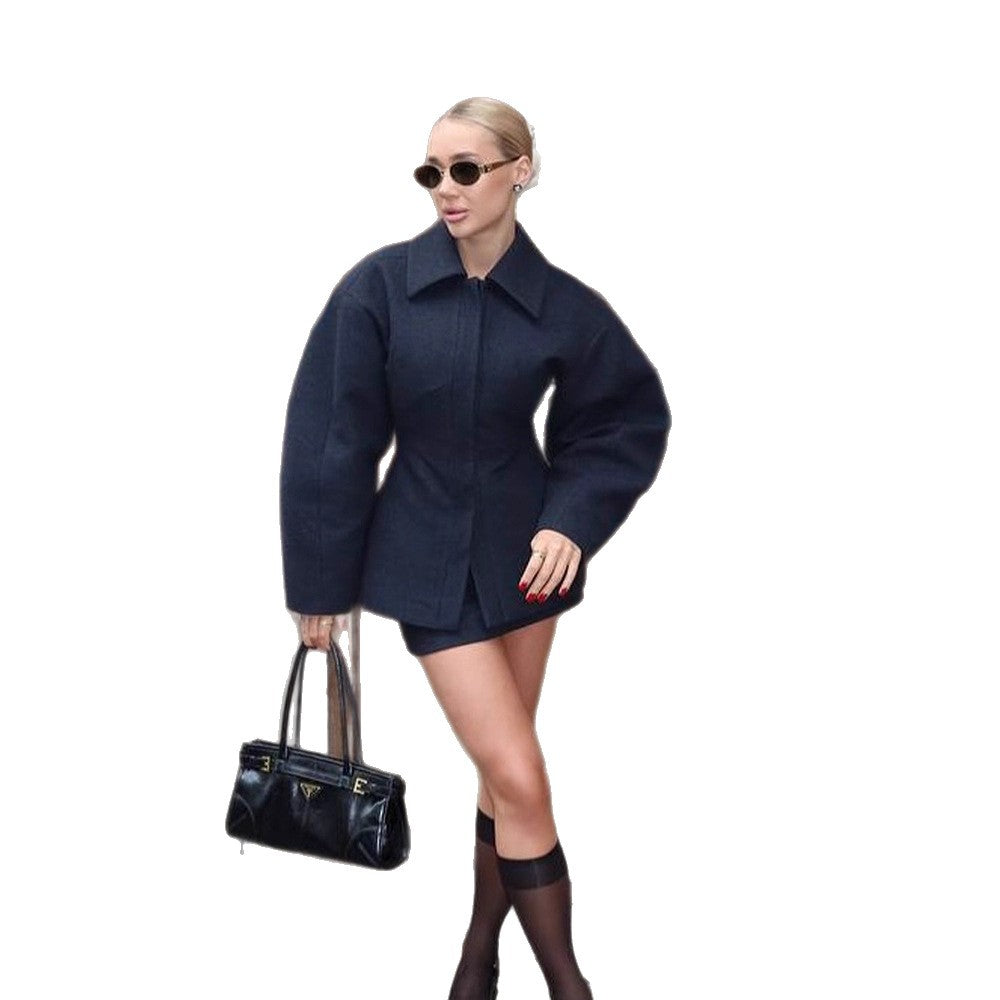 Women's Tailored Short Coat made of Wool Blend with Sculptural Balloon Sleeves EVA-US