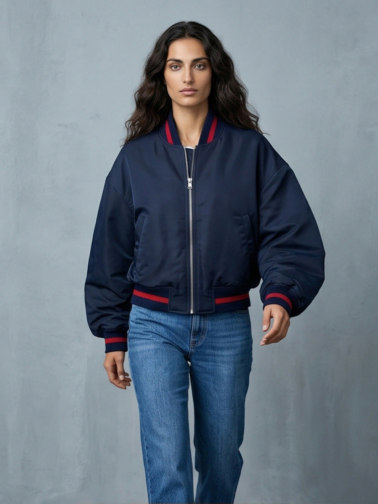 Women's Short Cut Oversized Bomber Jacket with Voluminous Sleeves and Ribbed Cuffs EVA-US