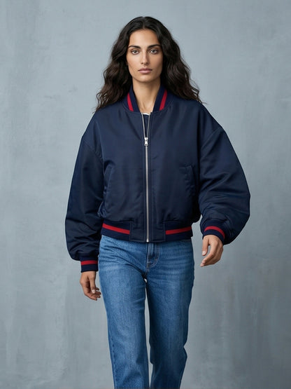 Women's Short Cut Oversized Bomber Jacket with Voluminous Sleeves and Ribbed Cuffs EVA-US