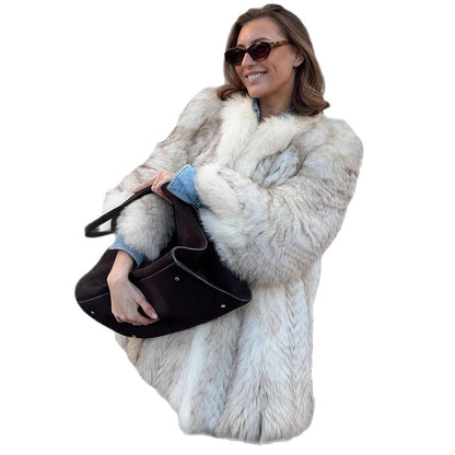 Women's Boxy Faux Fur Jacket with Textured Shag Look and Voluminous Shawl Collar EVA-US