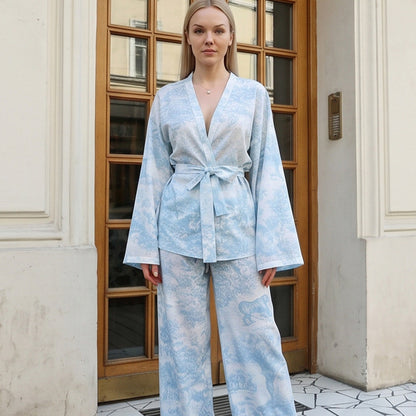 Ladies Two-Piece Wrap Set in Kimono Style with Wide Leg EVA-US