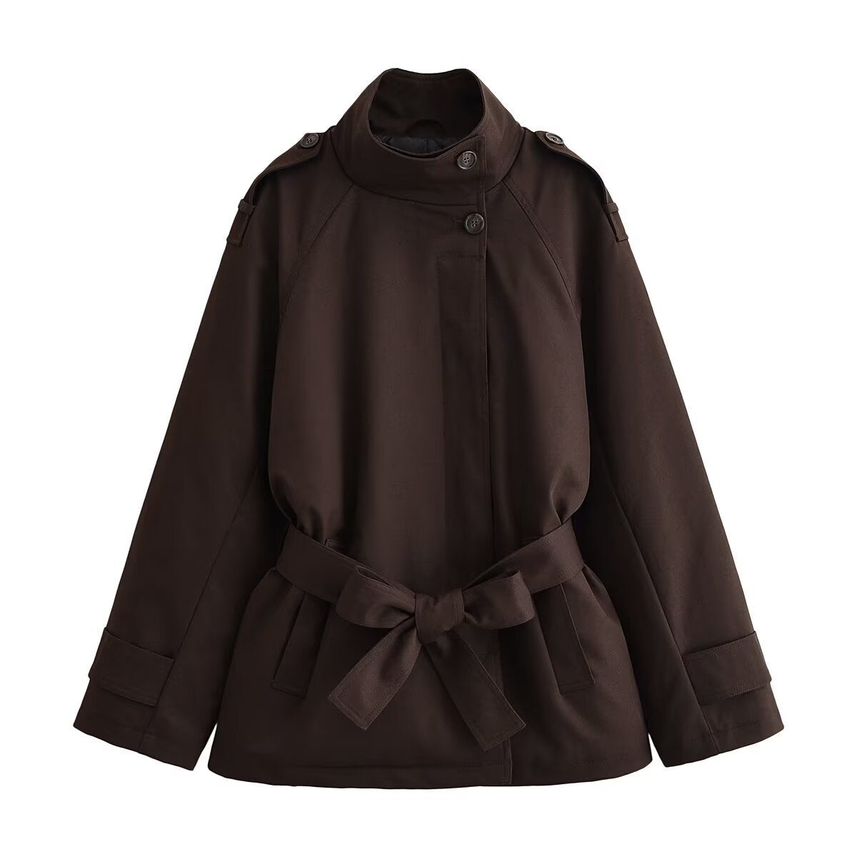 Women's Short Cape Trench Coat with Stand-up Collar, Shoulder Straps and Belt EVA-US