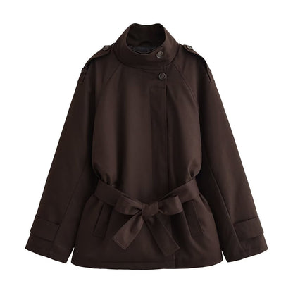 Women's Short Cape Trench Coat with Stand-up Collar, Shoulder Straps and Belt EVA-US