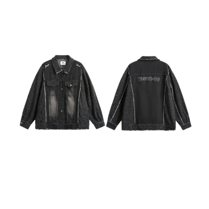 Unisex Oversized Denim Jacket with Mélange Boucle Sleeve and Frayed Edge EVA-US