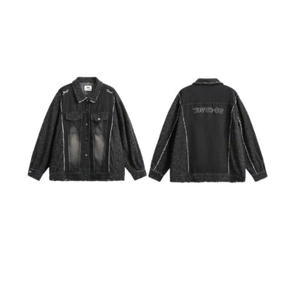Unisex Oversized Denim Jacket with Mélange Boucle Sleeve and Frayed Edge EVA-US