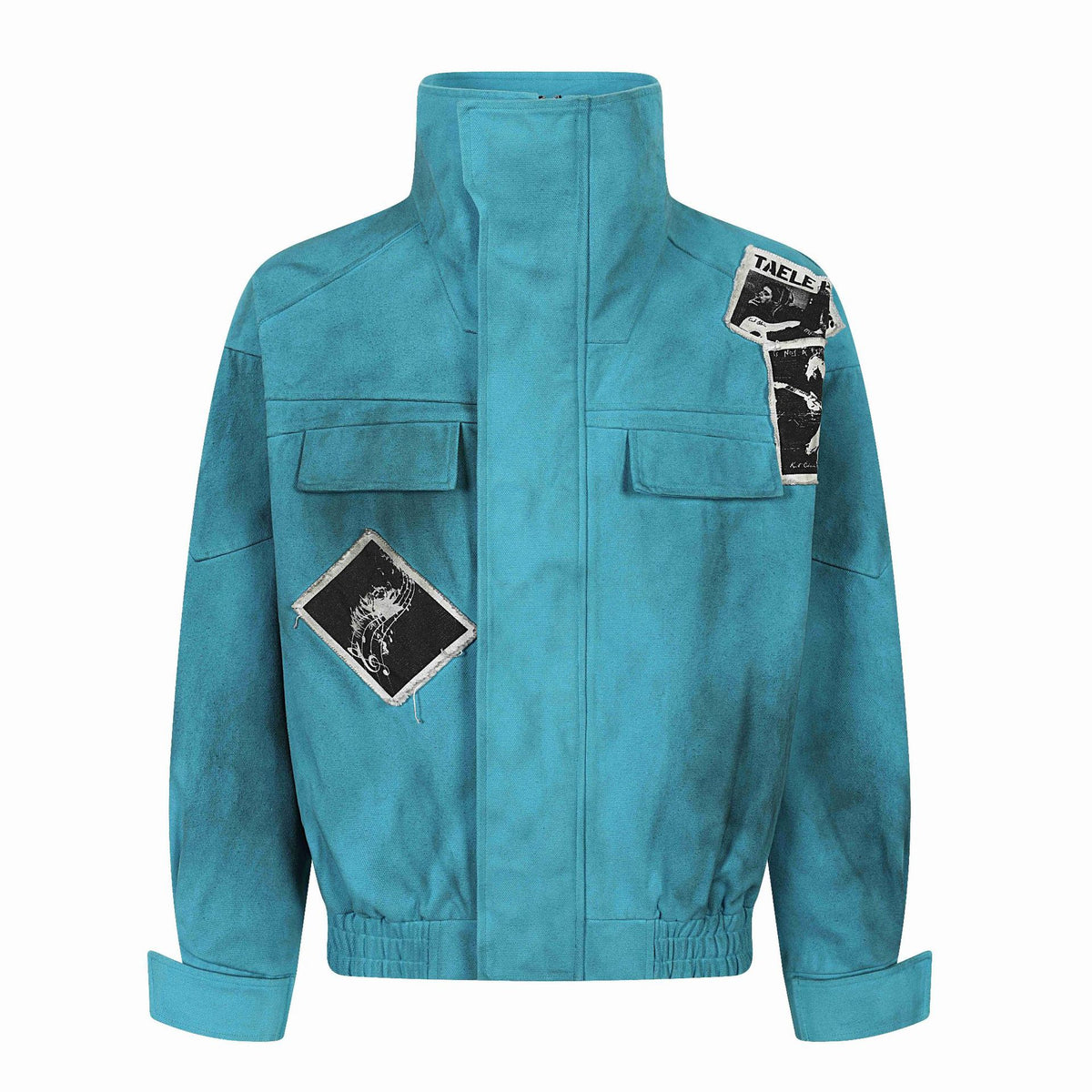 Women's Short Boxy Blouson with High Standing Collar, Applied Patches, and Elastic Hem
