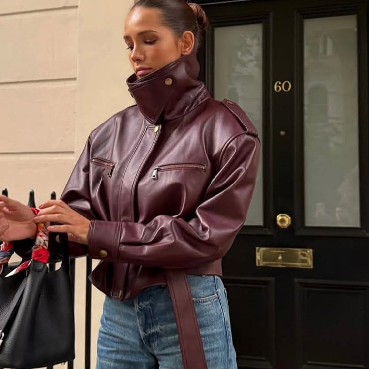 Women's tailored faux leather bomber jacket with high stand-up collar and tie belt EVA-US