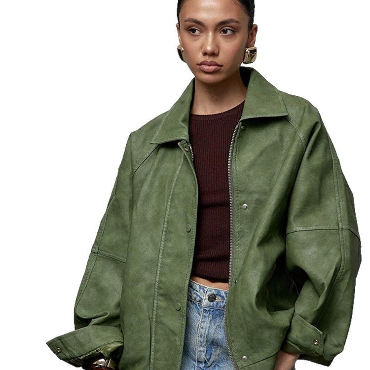 Women's Oversize Faux Leather Jacket in Boxy Cut with Raglan Sleeves and Two-Way Zipper EVA-US