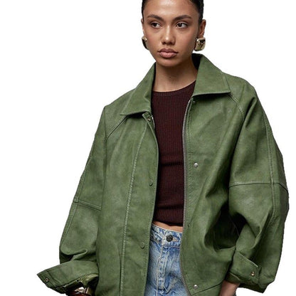 Women's Oversize Faux Leather Jacket in Boxy Cut with Raglan Sleeves and Two-Way Zipper EVA-US