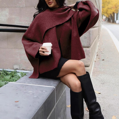 Women's Short Cape Jacket in Layered Look made of Wool Blend with Wide Batwing Sleeve EVA-US