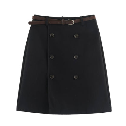 Women's midi skirt in A-line cut with double-breasted button placket and waist belt EVA-US