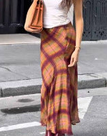 Women's Flowing Checked Maxi Skirt with Fitted Trumpet Silhouette EVA-US