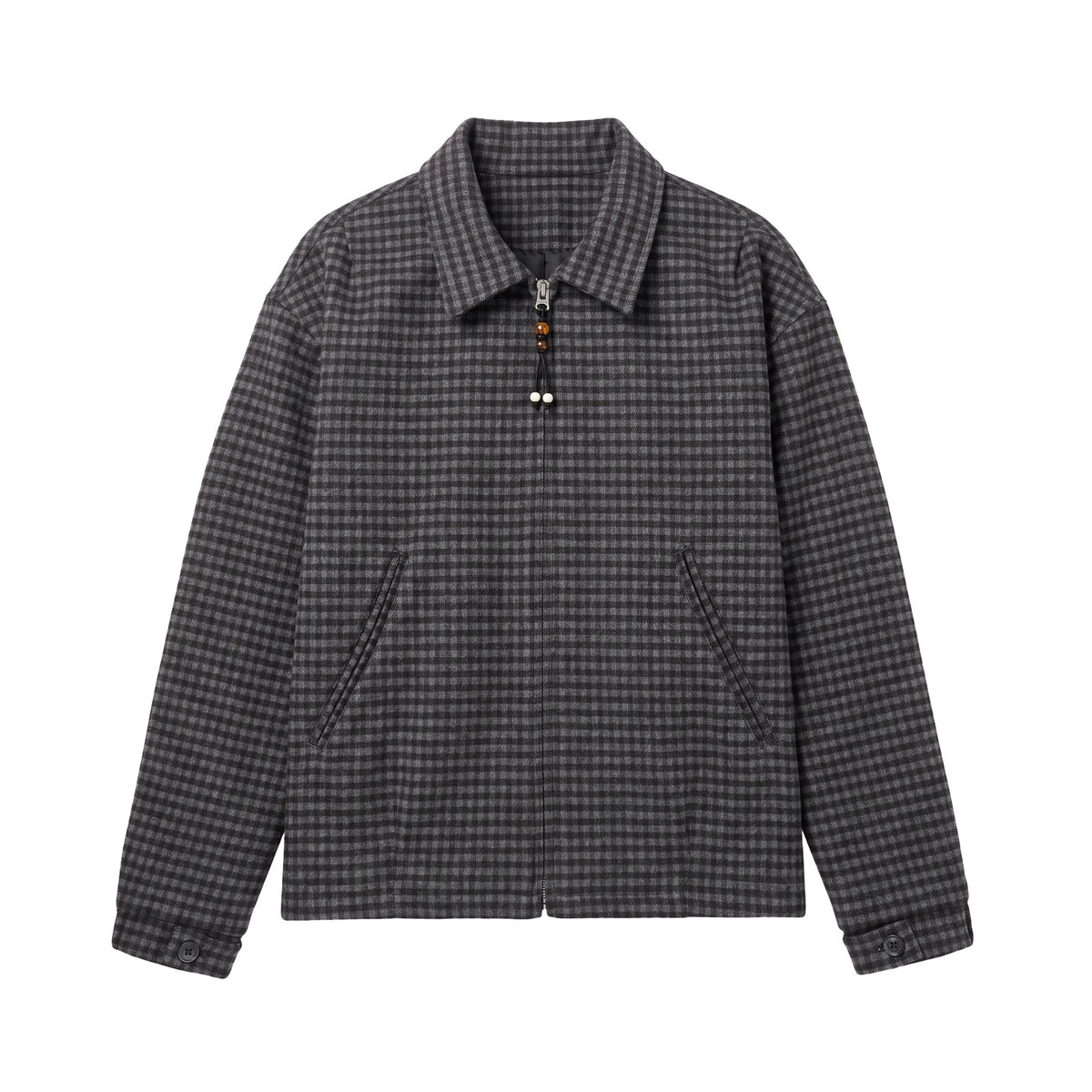Men's Short-Cut Wool Blend Bomber with Houndstooth Pattern and Concealed Zipper