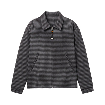 Men's Short-Cut Wool Blend Bomber with Houndstooth Pattern and Concealed Zipper