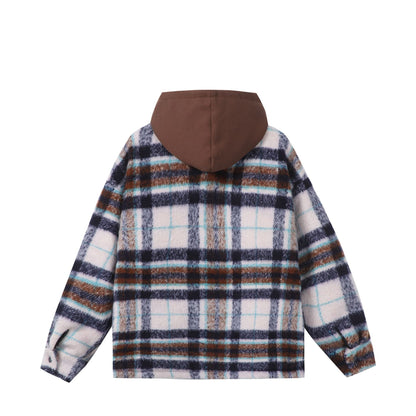 Unisex short cut plaid faux fur jacket with hood and zipper EVA-US