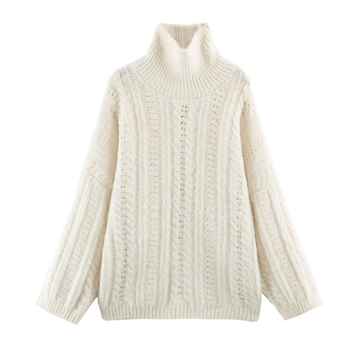 Women's Chunky Knit Oversized Sweater with High Turtleneck and Cable Pattern EVA-US