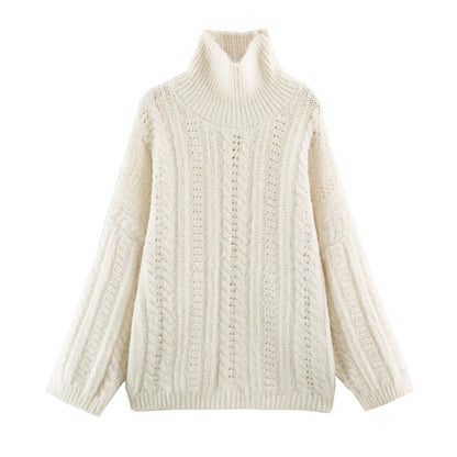 Women's Chunky Knit Oversized Sweater with High Turtleneck and Cable Pattern EVA-US