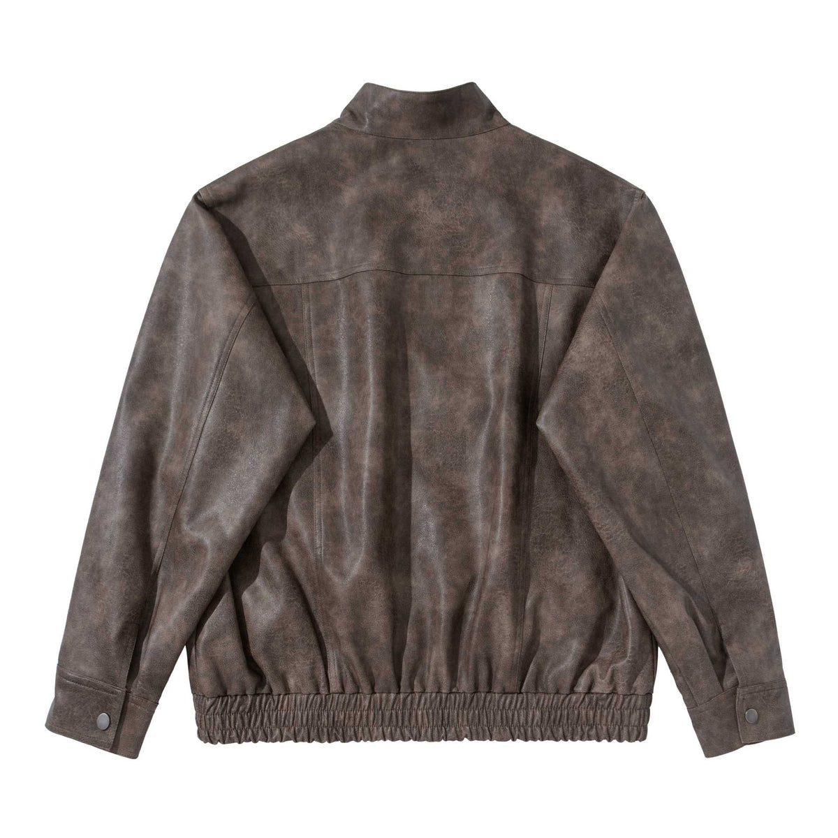 Men's vintage-inspired faux leather bomber jacket with funnel collar, flap pockets, and elastic hem EVA-US