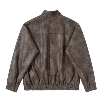 Men's vintage-inspired faux leather bomber jacket with funnel collar, flap pockets, and elastic hem EVA-US