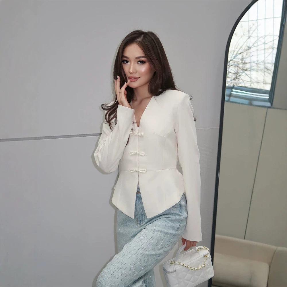 Women's peplum blazer with mandarin-like neckline and decorative knot fastenings EVA-US