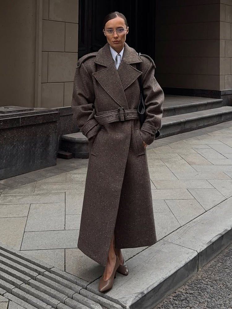 Women's Maxi-Length Wool Cocoon Coat with Emphasized Shoulder Area and Waist Belt EVA-US