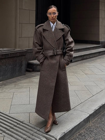 Women's Maxi-Length Wool Cocoon Coat with Emphasized Shoulder Area and Waist Belt EVA-US