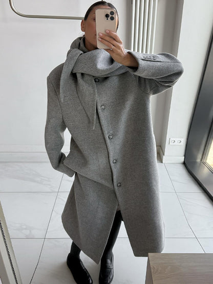 Women Mid-length Wool Blend Coat with Integrated Loop Scarf EVA-US