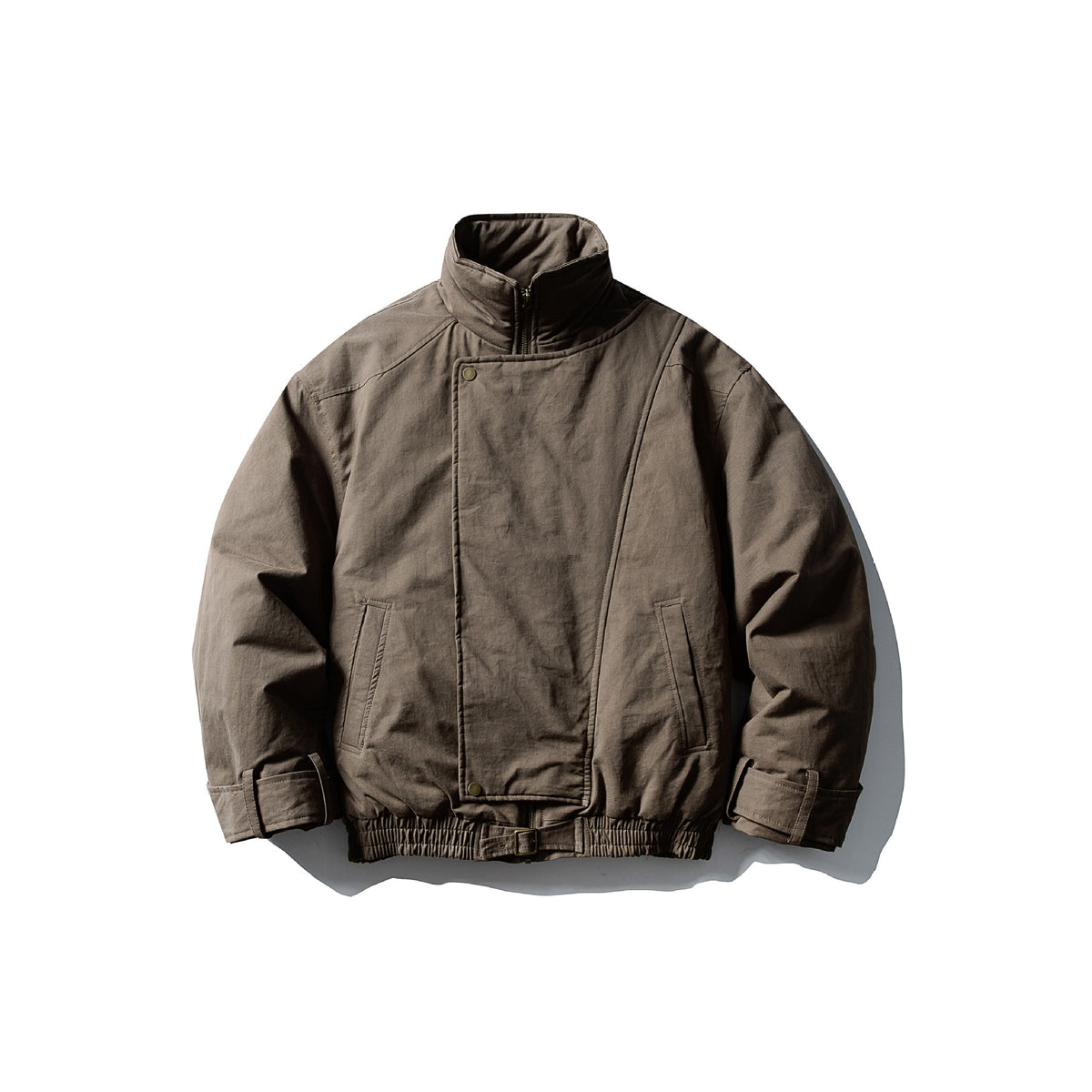 Men's Volume Stand Collar Bomber with Asymmetric Front Flap and Waist Buckle EVA-US