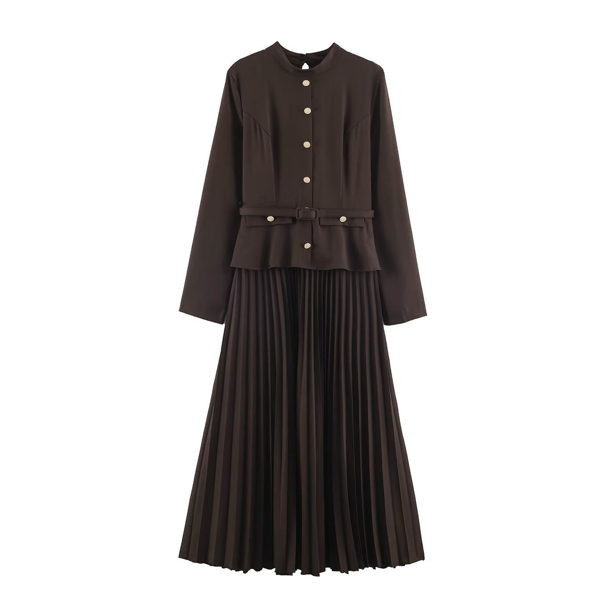Ladies Two-Piece Midi Dress Set with Narrow Waistband, Concealed Button Placket and Pleated Skirt EVA-US