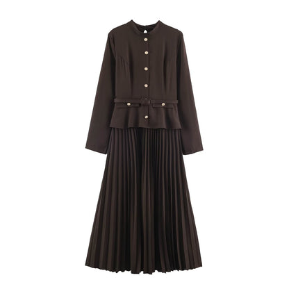 Ladies Two-Piece Midi Dress Set with Narrow Waistband, Concealed Button Placket and Pleated Skirt EVA-US