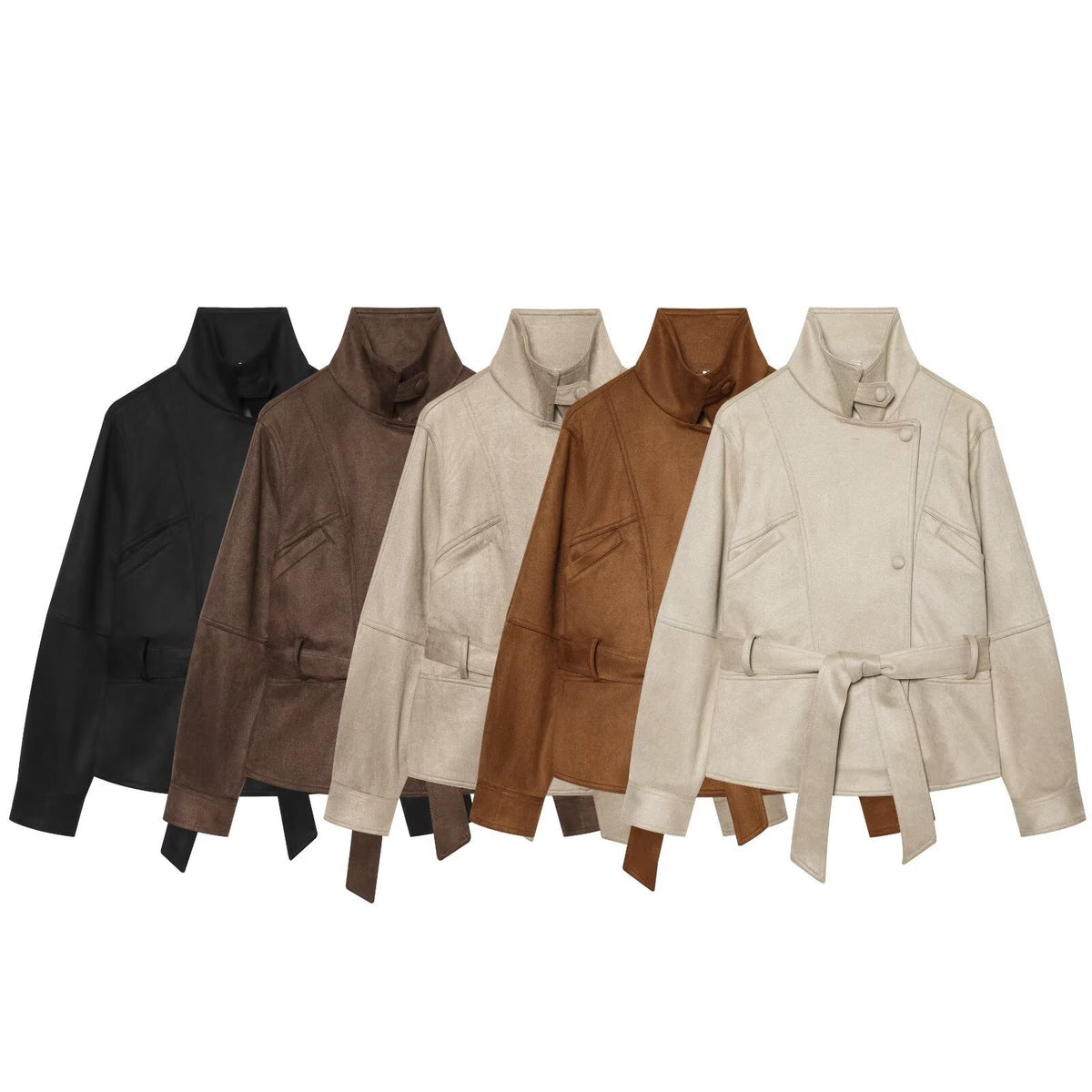 Women's tailored short jacket made of soft suede imitation with asymmetrical button placket and tie belt EVA-US