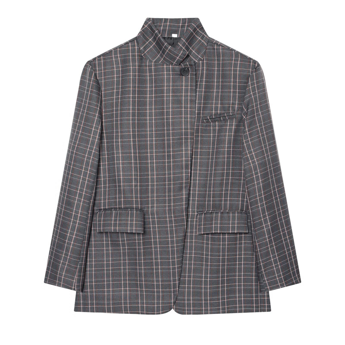 Women Checked Long Blazer with Stand Collar, Concealed Button Placket and Flap Pockets EVA-US