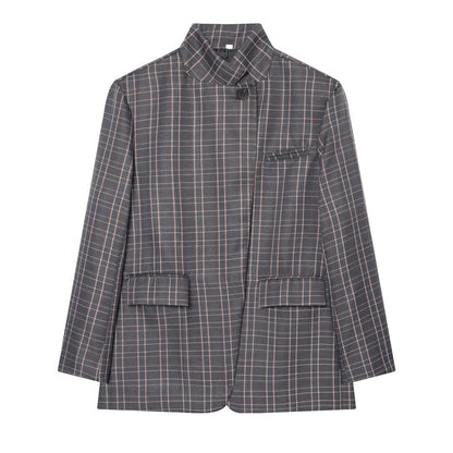 Women Checked Long Blazer with Stand Collar, Concealed Button Placket and Flap Pockets EVA-US