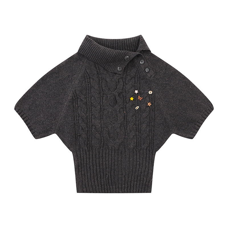 Women's Short-Sleeved Cable Knit Sweater Top with Stand Collar and Button Placket EVA-US
