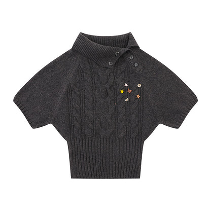 Women's Short-Sleeved Cable Knit Sweater Top with Stand Collar and Button Placket EVA-US