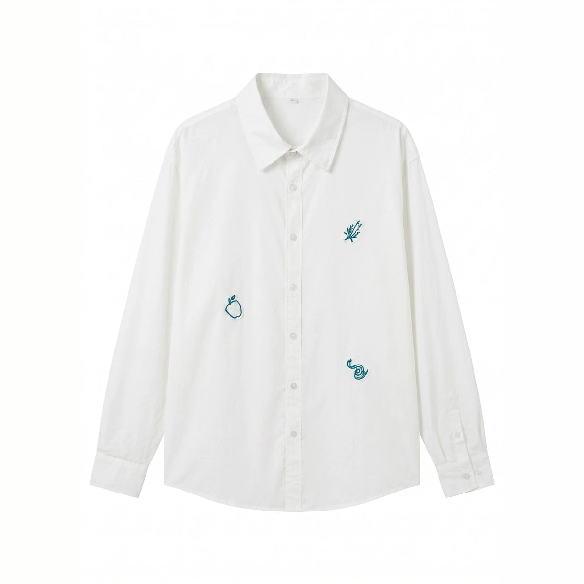 Women's oversized shirt blouse with fine embroidery appliqués and elongated hem down