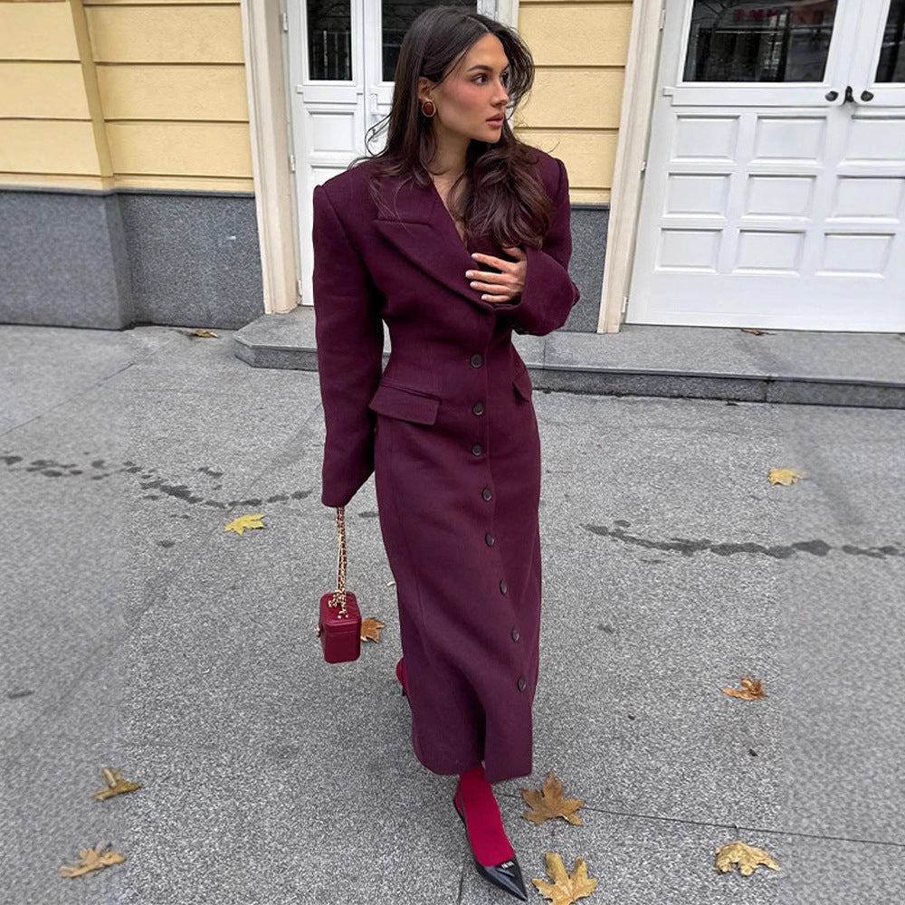 Women's Maxi Length Wool Blend Coat in Tailored Cut with Continuous Button Placket EVA-US